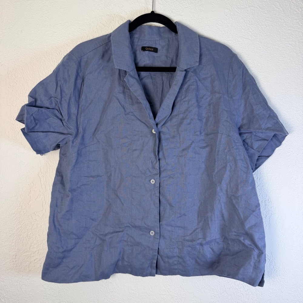 Quince Women's XL 100% European Linen Short Sleeve Camp Shirt Moonstone Blue